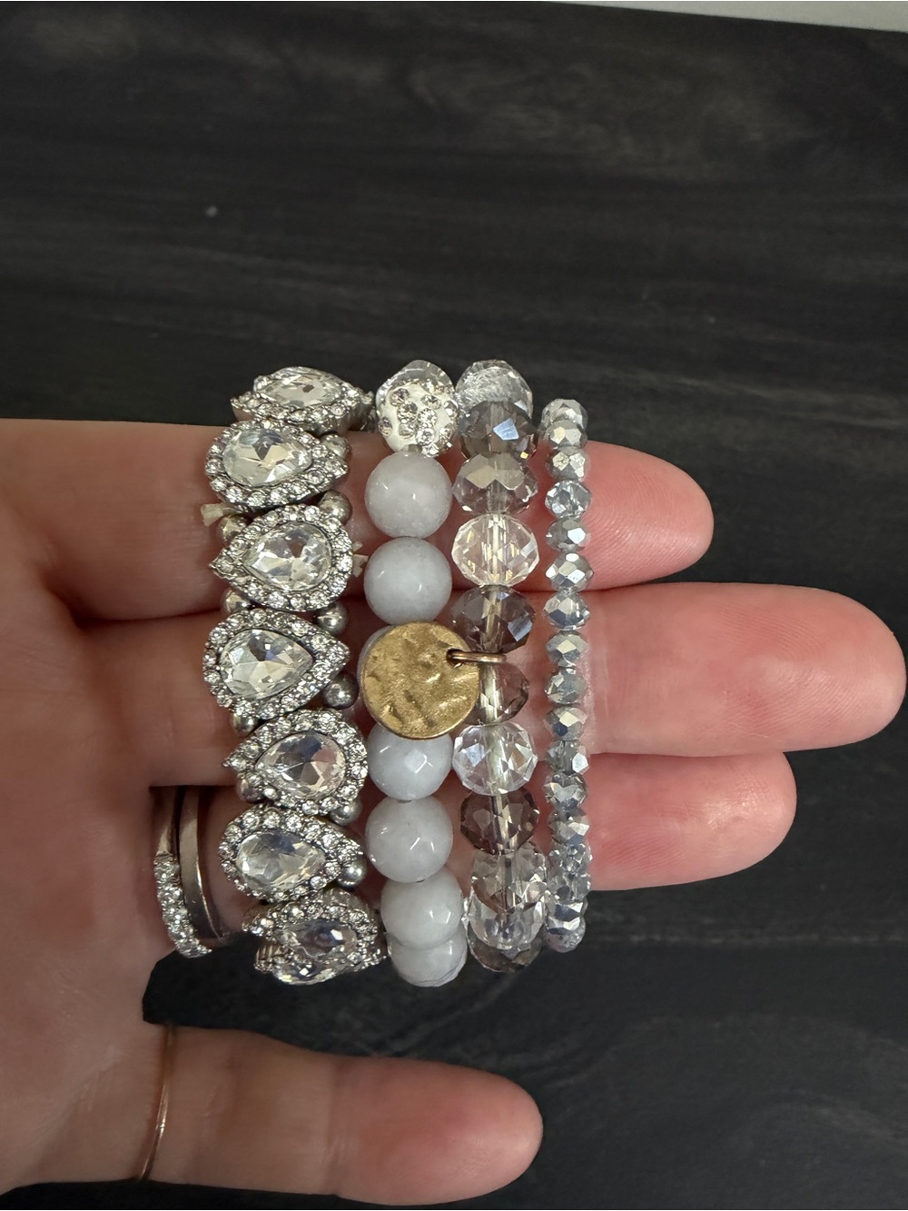 Crystal and White Bead Stack Bracelet Set with Gold Accent